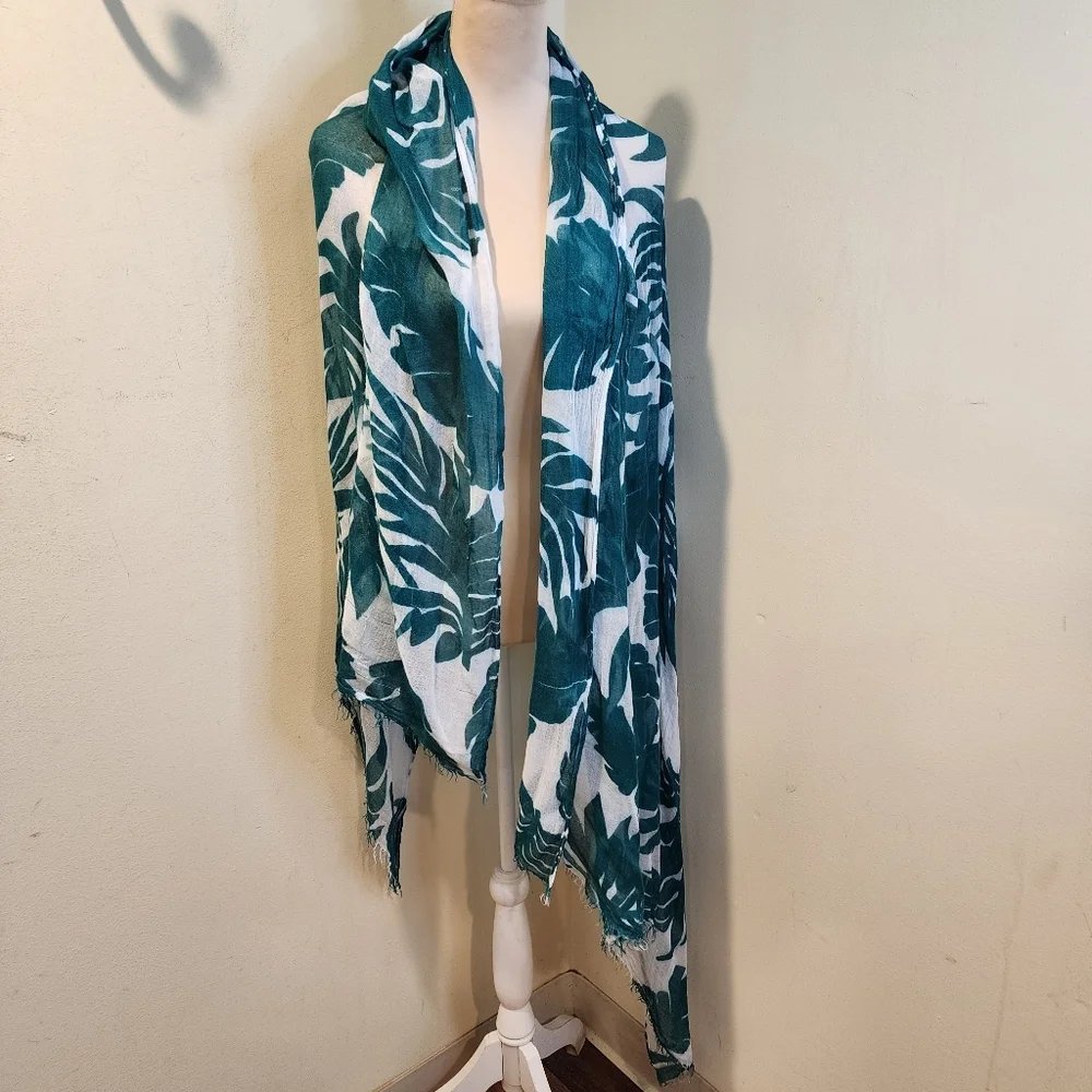 Teal and White Leaf Print Large  Scarf
